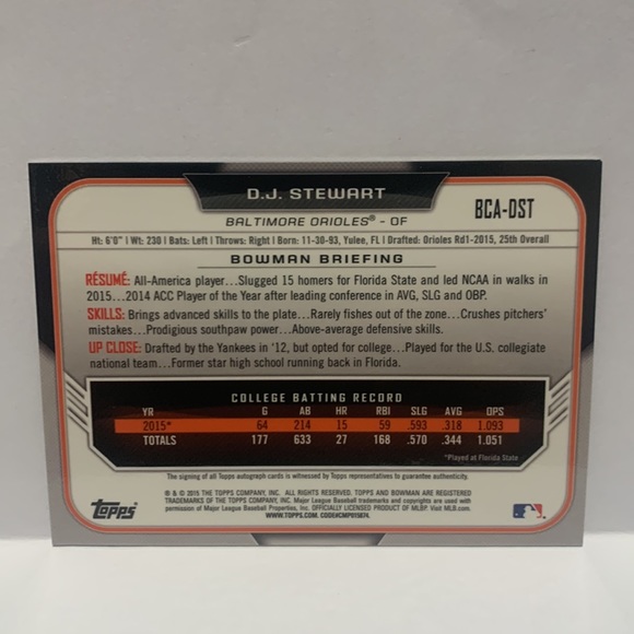 2015 Bowman Chrome DJ Stewart 1st Prospect Auto #BCA-DST (MISC9) - Picture 2 of 2